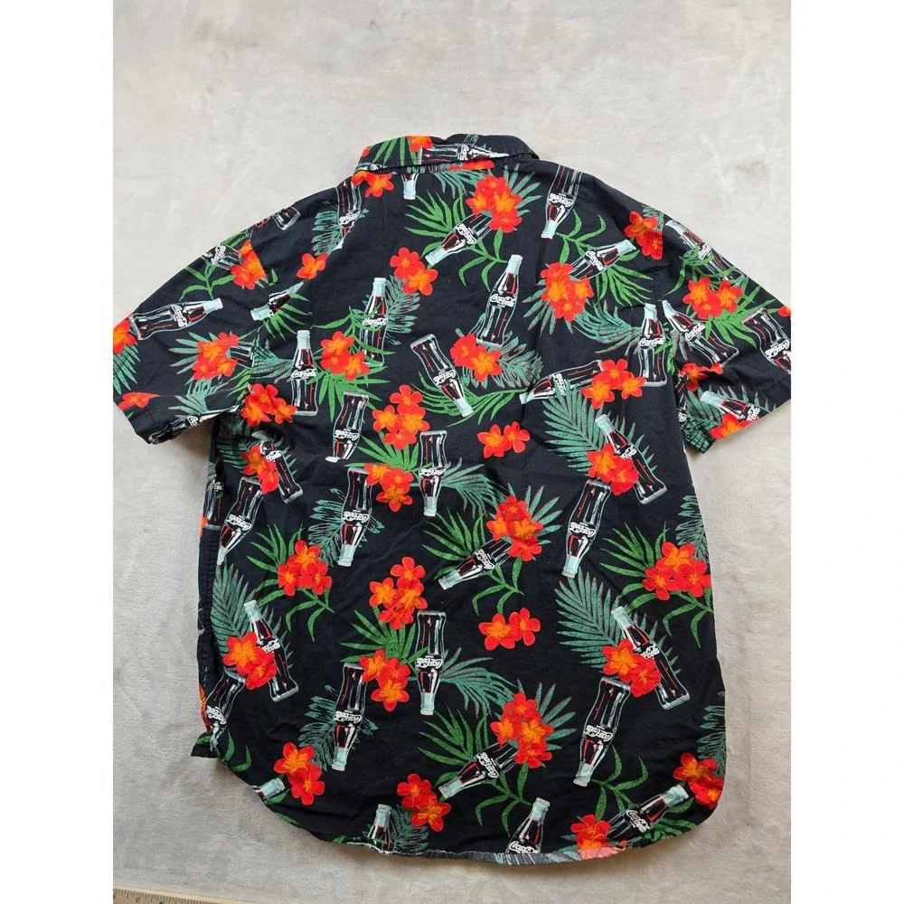 Coca-Cola Camp Shirt Mens Large Black Tropical Aloha Floral Button Vintage